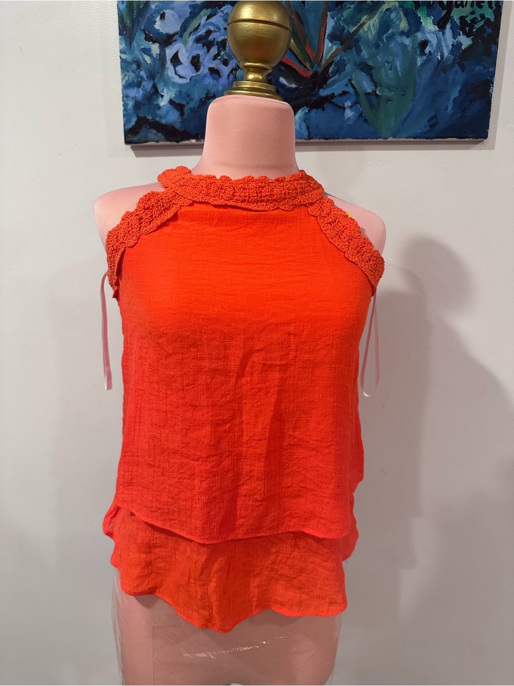 BCX Bright Orange Crochet Halter Layered Camisole